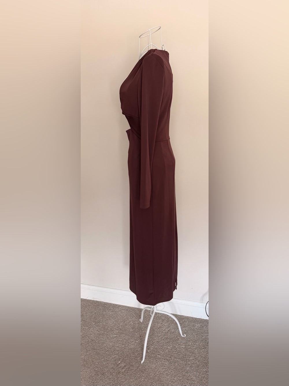 NWT Mango Brown Twist Front Cut Out Midi Dress Long Sleeve Size S - Picture 5 of 7